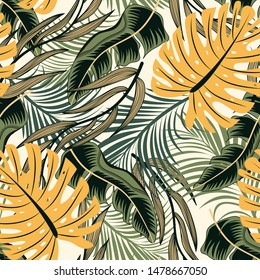 Tendencia abstracta sin fisuras con coloridas hojas tropicales y plantas en fondo pastel. Diseño de vectores. Impresión de selva. Fondo floral. Impresión y textiles. Tropos exóticos. Verano.