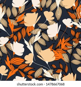 Trend abstract seamless pattern with colorful tropical leaves and plants on a gray background. Vector design. Jungle print. Floral background. Printing and textiles. Exotic tropics. Summer.