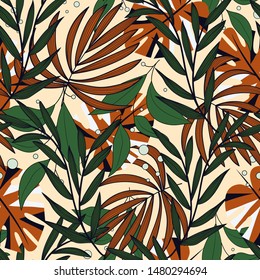 Trend abstract seamless pattern with colorful tropical leaves and plants on beige background. Vector design. Jungle print. Floral background. Printing and textiles. Exotic tropics. Summer.