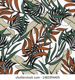 Trend abstract seamless pattern with colorful tropical leaves and plants on a light background. Vector design. Jungle print. Floral background. Printing and textiles. Exotic tropics. Summer.