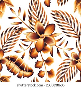 Trend abstrakte nahtlose Muster mit bunten tropischen Pflanzen Palmen, Bananenblätter und Frangipani Blumen modisch. Vektordesign. Dschungeldruck. Blumenhintergrund. Exotische Tropen