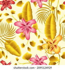 Trend abstract seamless pattern with colorful tropical banana palm leaves and hibiscus flower plants foliage on beige background. Vector design. Jungle print. Floral background. Exotic Summer pirnts