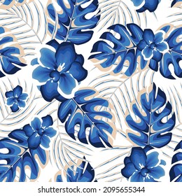 Patrón abstracto de tendencia sin fisuras con hojas tropicales coloridas y plantas azules sobre fondo blanco. Diseño de vectores. Impresión de la jungla. Fondo floral. textura de impresión de moda. Tropos exóticos. Verano