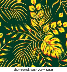 Trend abstract seamless pattern with colorful tropical leaves and plants on dark background. Vector design. Jungle print. Floral background. Printing and textiles. Exotic tropics. Summer themed