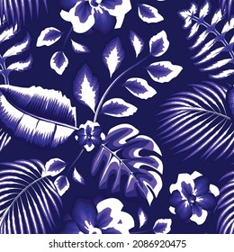 Trend abstract seamless pattern with monochromatic tropical jasmine flowers, banana leaves and monstera plants foliage on pastel background. Vector design. Jungle print. Exotic tropics. Summer themed