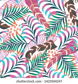 Trend abstract seamless pattern with tropical leaves and plants on a light background. Vector design. Jungle print. Floral background. Printing and textiles. Exotic tropics. Summer design.