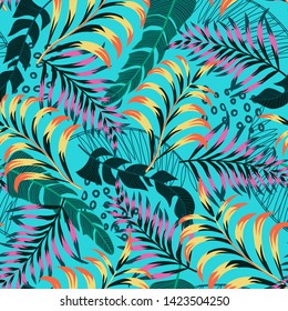 Trend abstract seamless pattern with tropical leaves and plants on a bright background. Vector design. Jungle print. Floral background. Printing and textiles. Exotic tropics. Summer design.