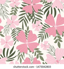 Trend abstract seamless pattern with tropical leaves and bright plants on a light background. The seal of the jungle. Vector design. On a floral background. Textiles and printing. Exotic, tropical.