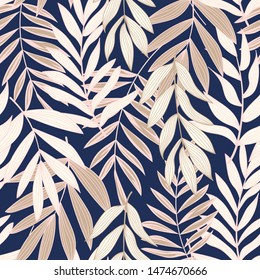 Trend abstract seamless pattern with tropical leaves and bright plants on a dark background. Print of the jungle. Vector design. On a floral background. Textiles and printing. Exotic, tropical.