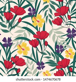 Trend abstract seamless pattern with tropical leaves and bright colors on pastel background. Print of the jungle. Vector design. On a floral background. Textiles and printing. Exotic, tropical.