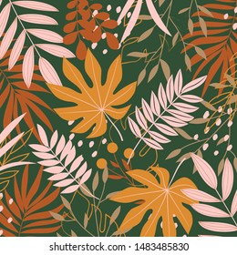 Trend abstract seamless pattern with tropical leaves and bright colors on green background. Print of the jungle. Vector design. On a floral background. Textiles and printing. Exotic, tropical.