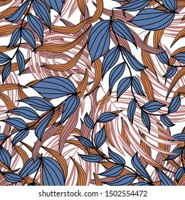 Trend abstract seamless pattern with tropical plants and leaves. Botanical style on white background. Blue and orange exotic leaves. Floral background. Printing, textiles, fabric, Wallpaper.