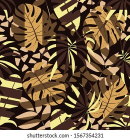 Trend abstract seamless pattern with tropical leaves and plants on a dark background. The seal of the jungle. Vector design. On a floral background. Textiles and printing. Exotic, tropical.