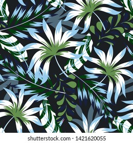 Trend abstract tropical seamless pattern with bright leaves and plants on a light dark background. Vector design. Jungle print. Floral background. Printing and textiles.