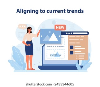 Trend Alignment in Branding. An engaging vector illustration that portrays a marketer updating a brand's strategy to stay relevant with current trends and market demands. Flat vector illustration.