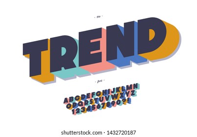 Trend alphabet 3d bold style for t shirt, party poster, kids book, flyer, decoration, card, sale banner, printing on fabric, industrial. Cool typeface. Trendy font. Vector 10 eps