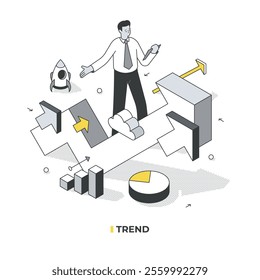 Trend Analysis. A businessman with a tablet stands behind a giant arrow, amazed by a major trend. Smaller arrows, a rocket, pie, and bar charts highlight the trend's discovery, strength, and growth