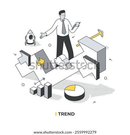 Trend Analysis. A businessman with a tablet stands behind a giant arrow, amazed by a major trend. Smaller arrows, a rocket, pie, and bar charts highlight the trend's discovery, strength, and growth