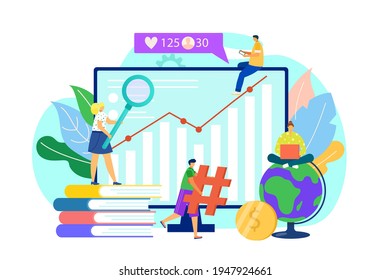 Trend analysis by graph concept, vector illustration. Man woman people charcater near flat business growth chart. Digital success marketing data