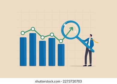 Análisis de tendencias, información de marketing y ventas, análisis o predicción de línea de tendencia o beneficio, concepto de informe de previsión comercial, analista de negocios analiza gráfico y gráfico de tendencias con lupa.