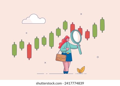 Trend analysis to take profit. Technical analysis trader to analyze stock market or crypto currency data movement. Buy and sell indicator chart concept, businesswoman trader magnify candlestick chart.