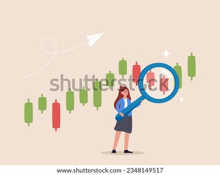 Trend analysis to take profit. Technical analysis trader to analyze stock market or crypto currency data movement. Buy and sell indicator chart concept, businesswoman trader magnify candlestick chart. Stock foto © 
