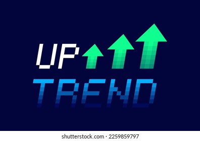Up trend with arrows isolated on dark background. 8 bit pixel art. Stock exchange concept. Trader profit. Vector illustration.