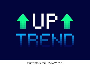 Up trend with arrows isolated on dark background. 8 bit pixel art. Stock exchange concept. Trader profit. Vector illustration.