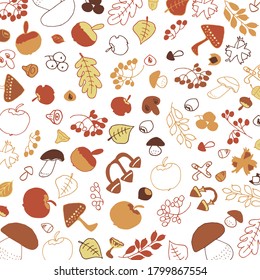 trend background gifts of autumn cute Doodle hand drawing leaves mushrooms apples berries acorns nuts vector for fabrics bags packaging posters postcards Souvenirs