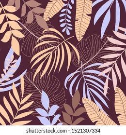 Trend background with tropical leaves and plants. Hand draw texture. Vector template. Exotic pattern with tropical plants.