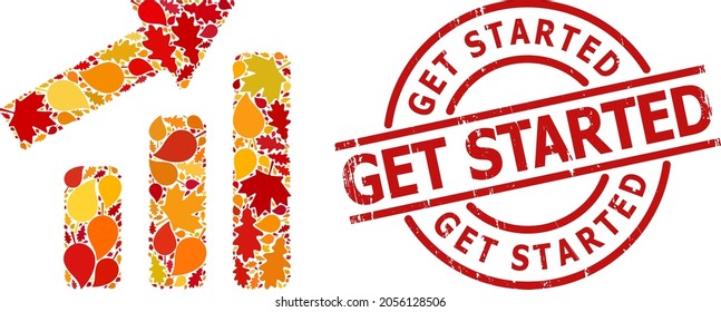 Up Trend Bar Chart composition icon organized for fall season, and Get Started unclean stamp seal. Vector up trend bar chart mosaic is organized with randomized fall maple and oak leaves.