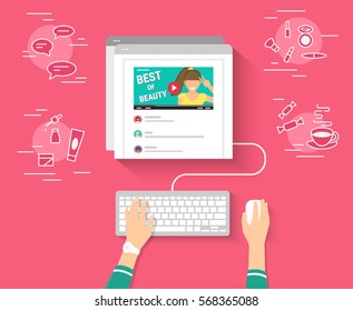 Trend bloger video streaming isolated on red background. Networking and beauty blogging concept illustration of female hands using browser and keyboard watching video and reading comments below