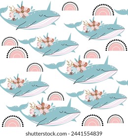 Trend blue whale, narwhal, flowers and rainbow seamless pattern on a white background. Doodle boho style. Design for kids. Vector illustration