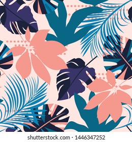 Trend bright seamless pattern with colorful tropical leaves and flowers on a gentle background. Vector design. Jungle print. Floral background. Printing and textiles. Exotic tropics. Fresh design.