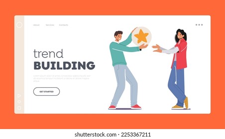 Trend Building Landing Page Template. Virtual Communication In Networks Concept. Man Giving Big Gold Star to Female Character. Like, Good Rating, Positive Feedback. Cartoon People Vector Illustration