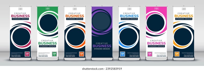 Trend Business Roll Up Banner Stand Poster set in red, green, blue, yellow, orange, purple, orange for events, presentations, meetings, annual events