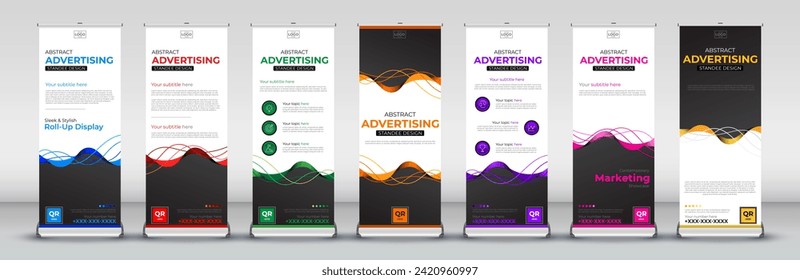 Trend Business Roll Up Banner für Stand Poster Broschüre flaches Design-Template kreativ in den Farben Blau, Rot, Grün, Orange, Violett, Rosa und Gelb