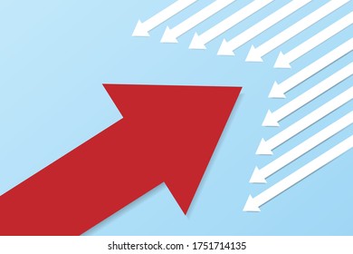 Trend, change, creativity and competition concept. Unique red arrow changing on blue background