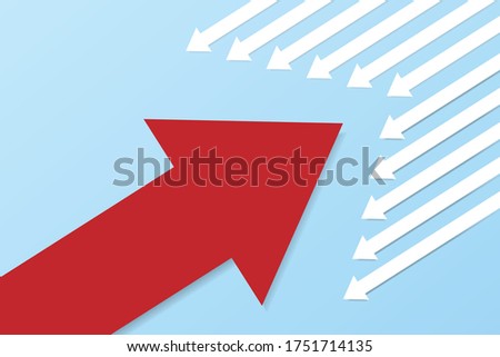 Trend, change, creativity and competition concept. Unique red arrow changing on blue background
