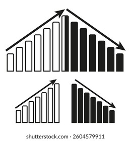 Trend chart icons. Rising and falling bars. Arrow and bar graph. Economic data symbols.