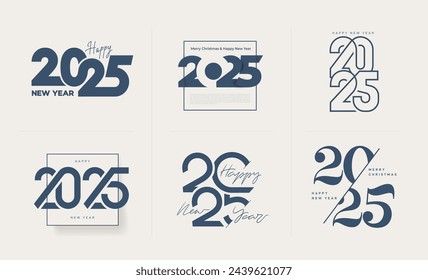 Colección de tendencias de la plantilla de diseño de números 2025. Diseño de texto de logotipo de Año Nuevo 2025 moderno. Colección de Feliz Año Nuevo 2025. Logotipos para decoraciones de negocios y navidad. Vector minimalista.