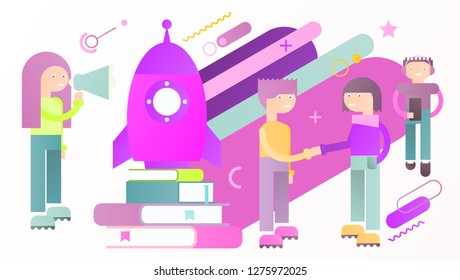 Trend Color Flat Design Concept Startup of New Business – Young People are Launching Rocket on White Background. Vector Illustration for Website, Banner, Social Media and Landing Page.
