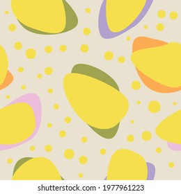 Trend color vector seamless pattern. Abstract minimalist bright geometric shape. Pastel spot and dots as illuminating yellow, pink, purple rose, orange, olive green on tinted off-white background.