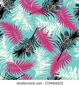 Trend colors summer seamless pattern with tropical pink black plants on a menthol background. Floral  Hawaii print.  Creative abstract background. Jungle Exotic wallpaper.