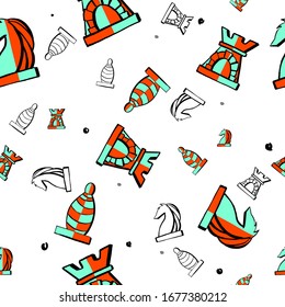 Trend colors vector chess pieces on a transparent background. Seamless pattern doodle cartoon design. Hand drawn sketch blue, menthe, orange rook, knight, bishop, pawn. For prints, t-shirt, fabric