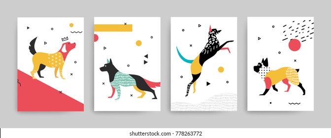 Trend cover templates for notepad. Illustration of dogs in the memphis style of the 80-90's. Set 2.