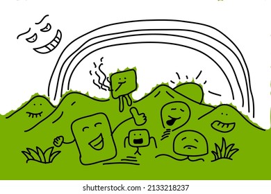 trend of cute doodle monsters, happy expressions funny sad scary
