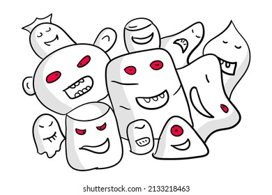 trend of cute doodle monsters, happy expressions funny sad scary