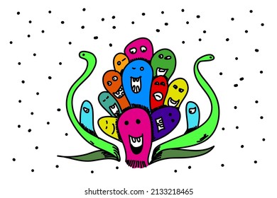 trend of cute doodle monsters, happy expressions funny sad scary