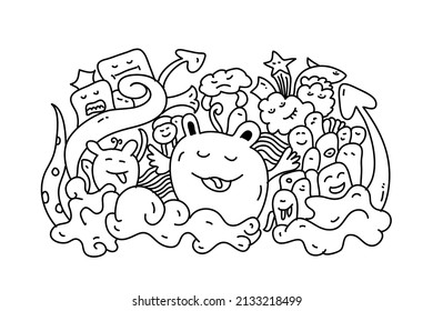 trend of cute doodle monsters, happy expressions funny sad scary
